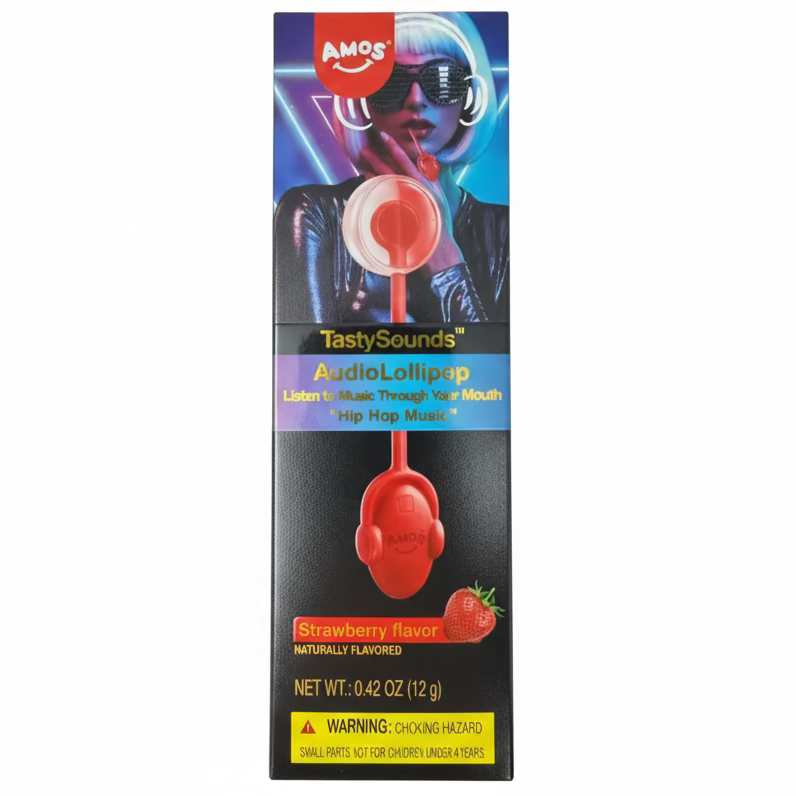 Amos TastySounds Audio Lollipop - Strawberry 0.42oz - 12 Pack