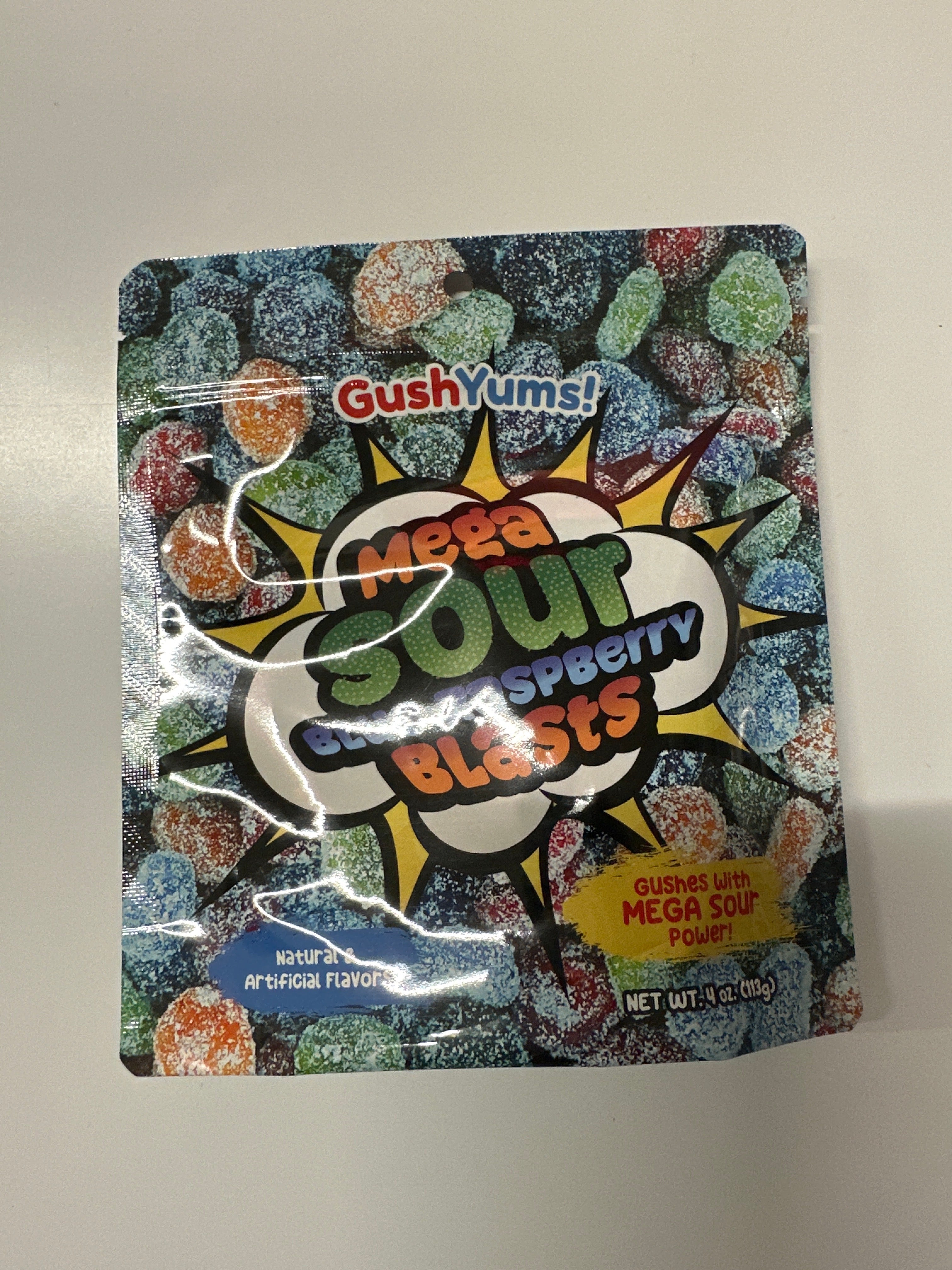 Gushyums! Mega sour blue raspberry blasts