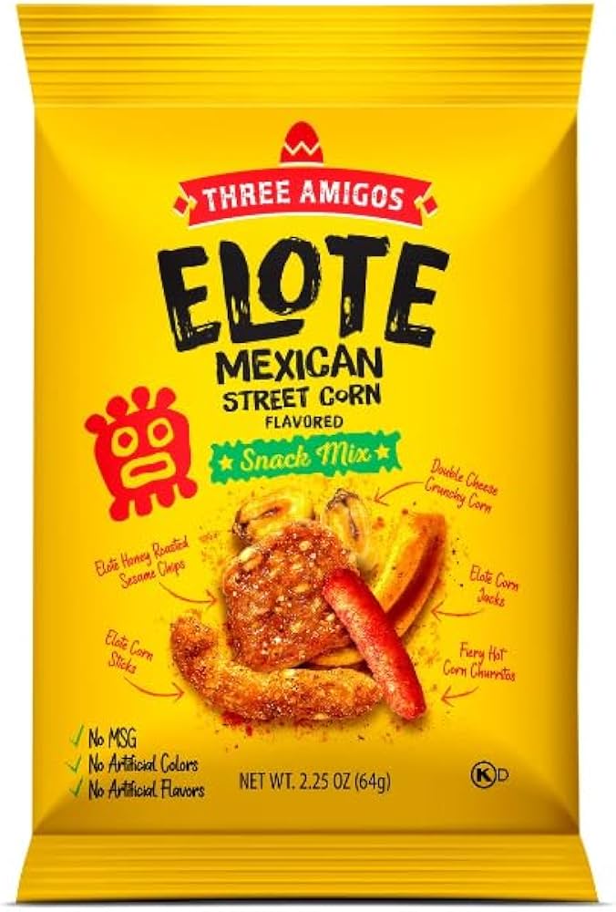 Three Amigos Elote Mexican Street Corn Snack Mix NET WT 2.25 OZ (64 g) No MSG No Artificial Colors No Artificial Flavors