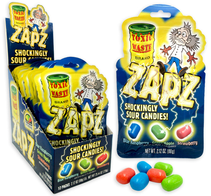 TOXIC WASTE ZAPZ SHOCKINGLY SOUR CANDIES 2.21 OZ PEG BAG